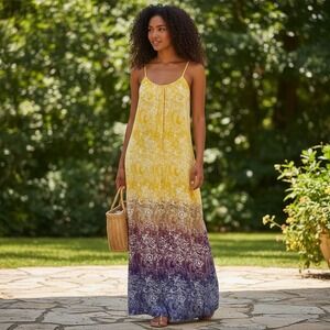 Yellow Purple Floral Ombre Crochet Back Maxi Dress SZ S Flowy Fairy Boho Beach